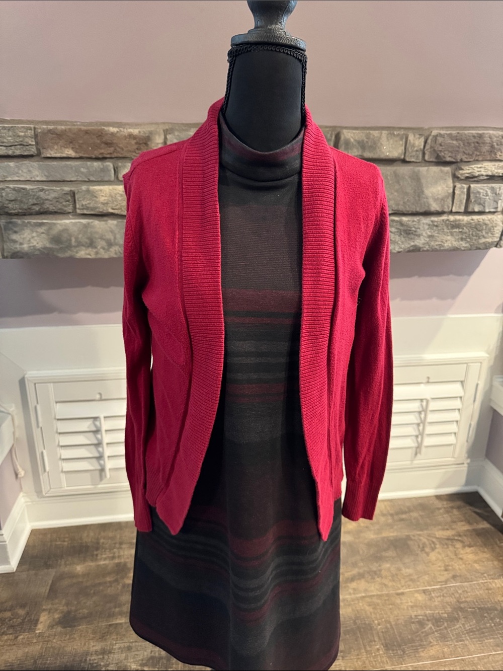 Sleeveless Mock Neck Midi Dress in Black and Deep Burgundy with sweater.